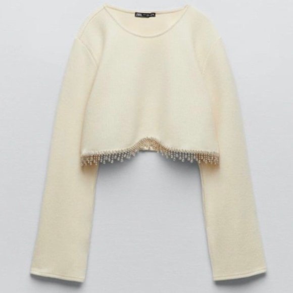 Zara Soft Ribbed Fuzzy Cropped Sweatshirt Top with Hanging Rhinestone Detail - Picture 4 of 15
